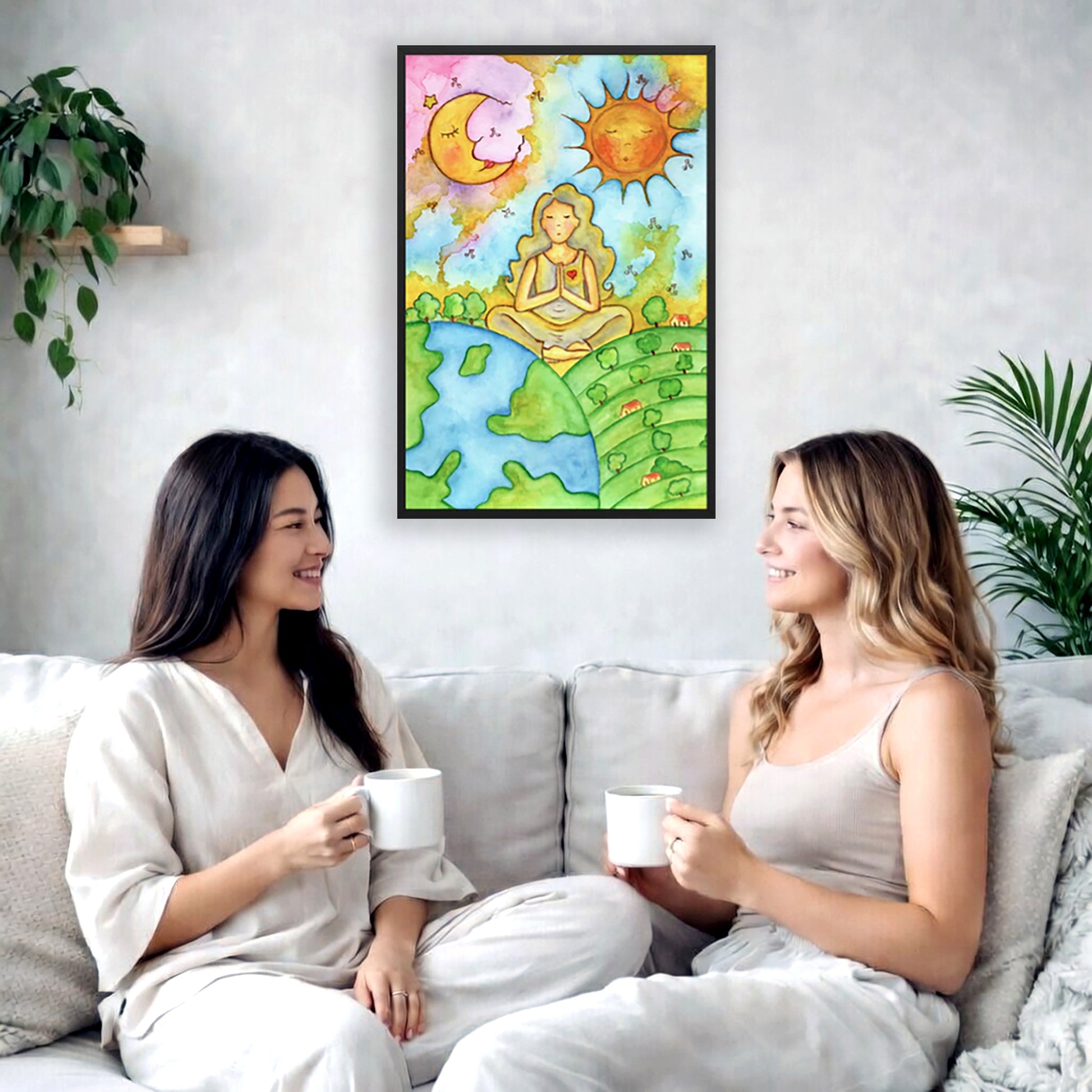 Poster of a woman meditating beneath the sun and moon in a cosmic design.  The poster is framed and is in the center of the living room wall. Two female friends are having tea, grapes and cookies on a coffee table in front of the poster. On the left there is a green potted plant and to the right there is a hanging lamp.
