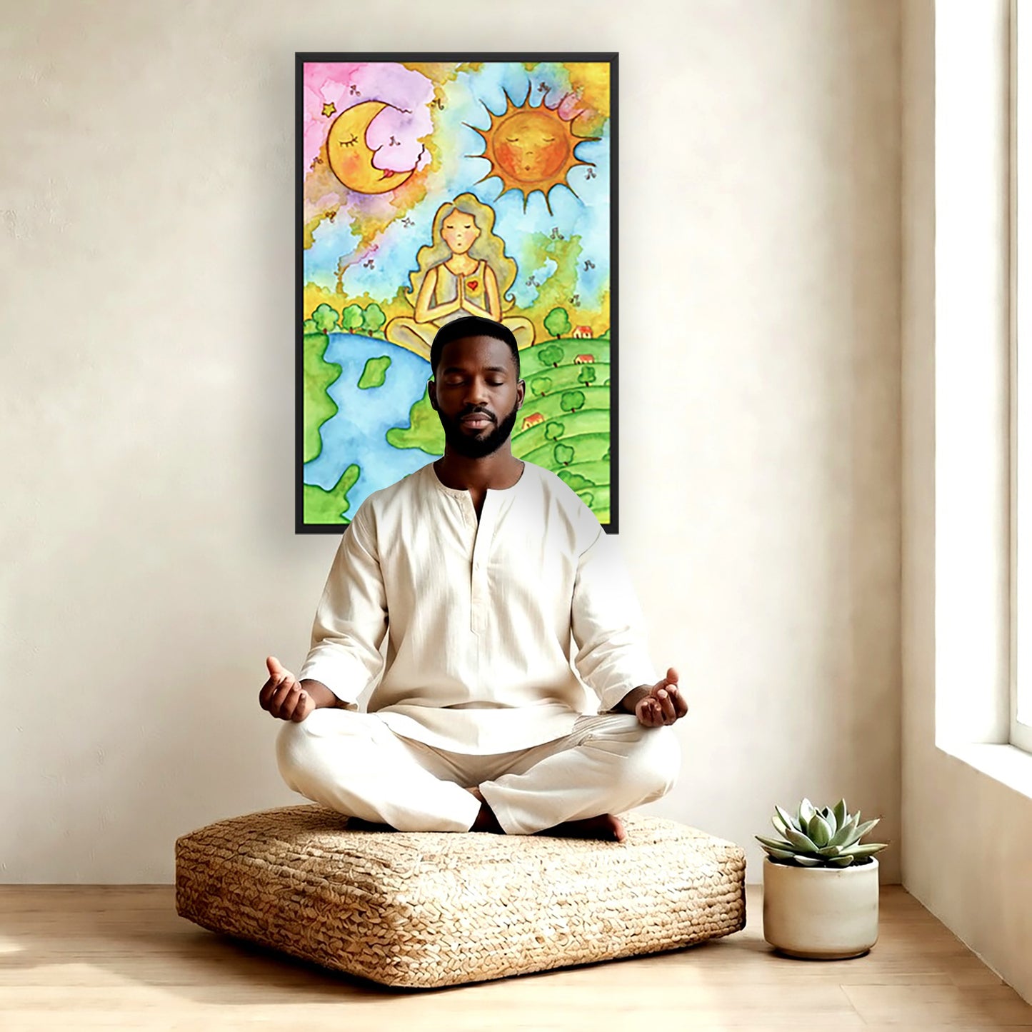 Poster of a woman meditating beneath the sun and moon in a cosmic design. The poster is framed and is in the center of the living room wall. There is a man meditating facing away from the wall. He is sitting on a large square wicker cushion. To his right is a window and a green potted plant.