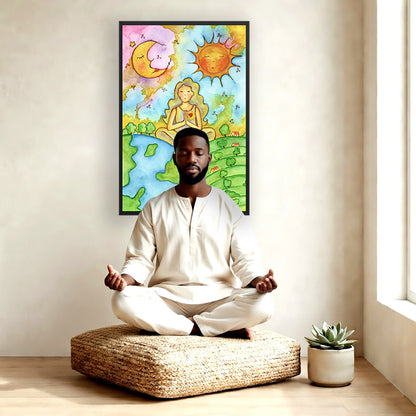 Poster of a woman meditating beneath the sun and moon in a cosmic design. The poster is framed and is in the center of the living room wall. There is a man meditating facing away from the wall. He is sitting on a large square wicker cushion. To his right is a window and a green potted plant.