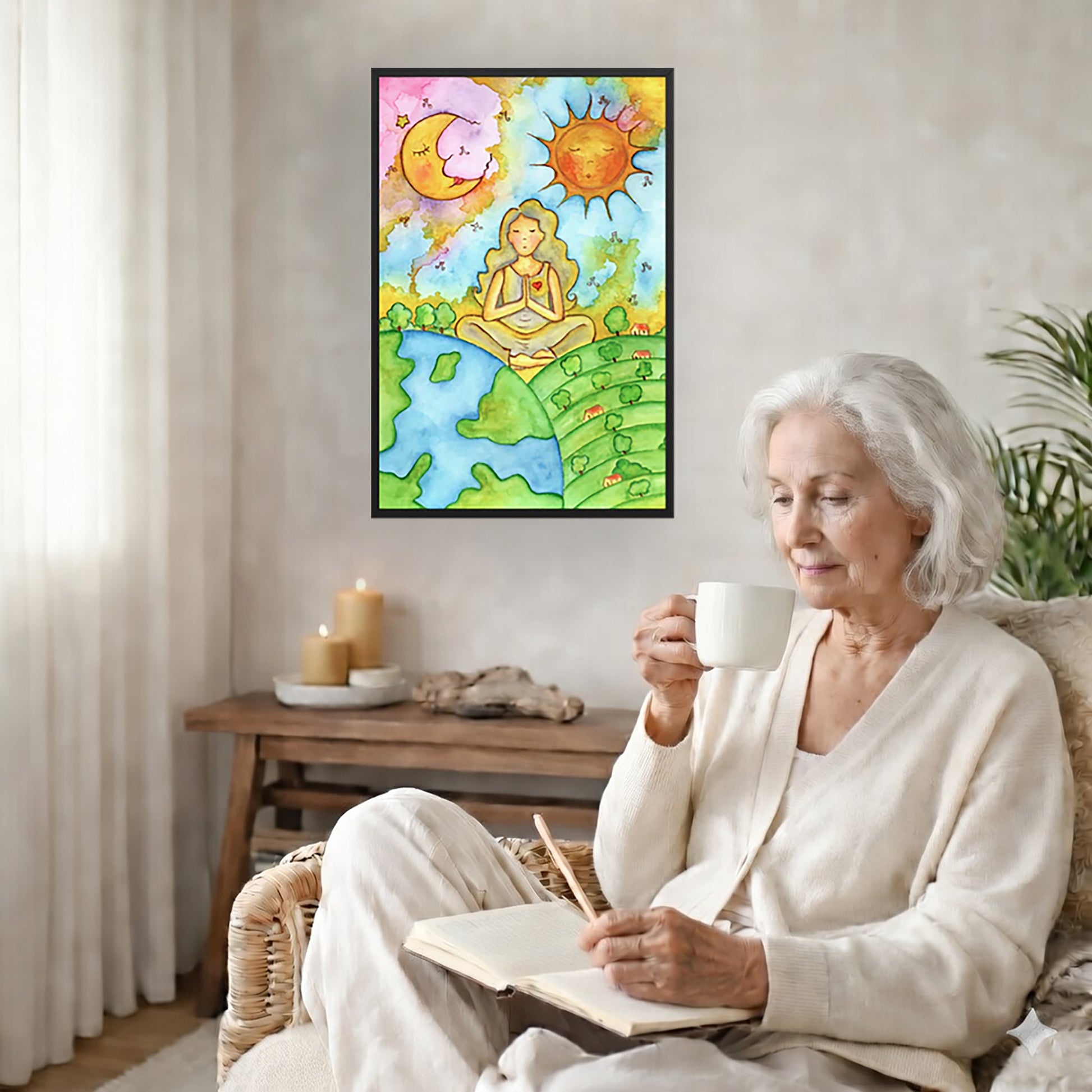Poster of a woman meditating beneath the sun and moon in a cosmic design.  The poster is framed and is in the center of the living room wall. There is a coffee table below the poster with burning candles. A woman is sitting in a wicker chair on the right side of the poster with a cup of tea writing in her journal.
