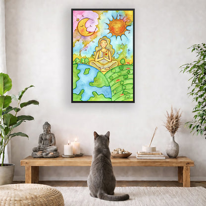 Poster of a woman meditating beneath the sun and moon in a cosmic design. The poster is framed and is in the center of the living room wall. A gray cat is facing the poster. In front of it is a coffee table with a Buddha statue and burning candle on the left and incense and an orange cat staring at the poster on the right. There is a green potted plant on both the left and right side of the coffee table.