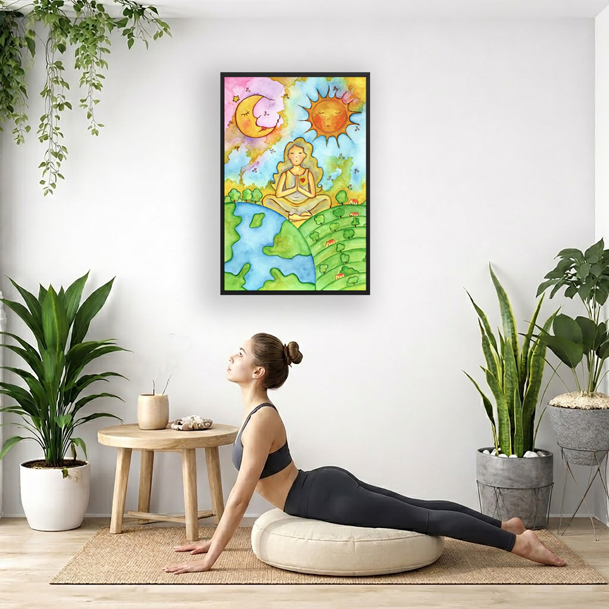 Poster of a woman meditating beneath the sun and moon in a cosmic design. The poster is framed and is in the center of the living room wall. Below the poster a woman is doing the yoga posture downward facing dog on a wicker yoga mat.