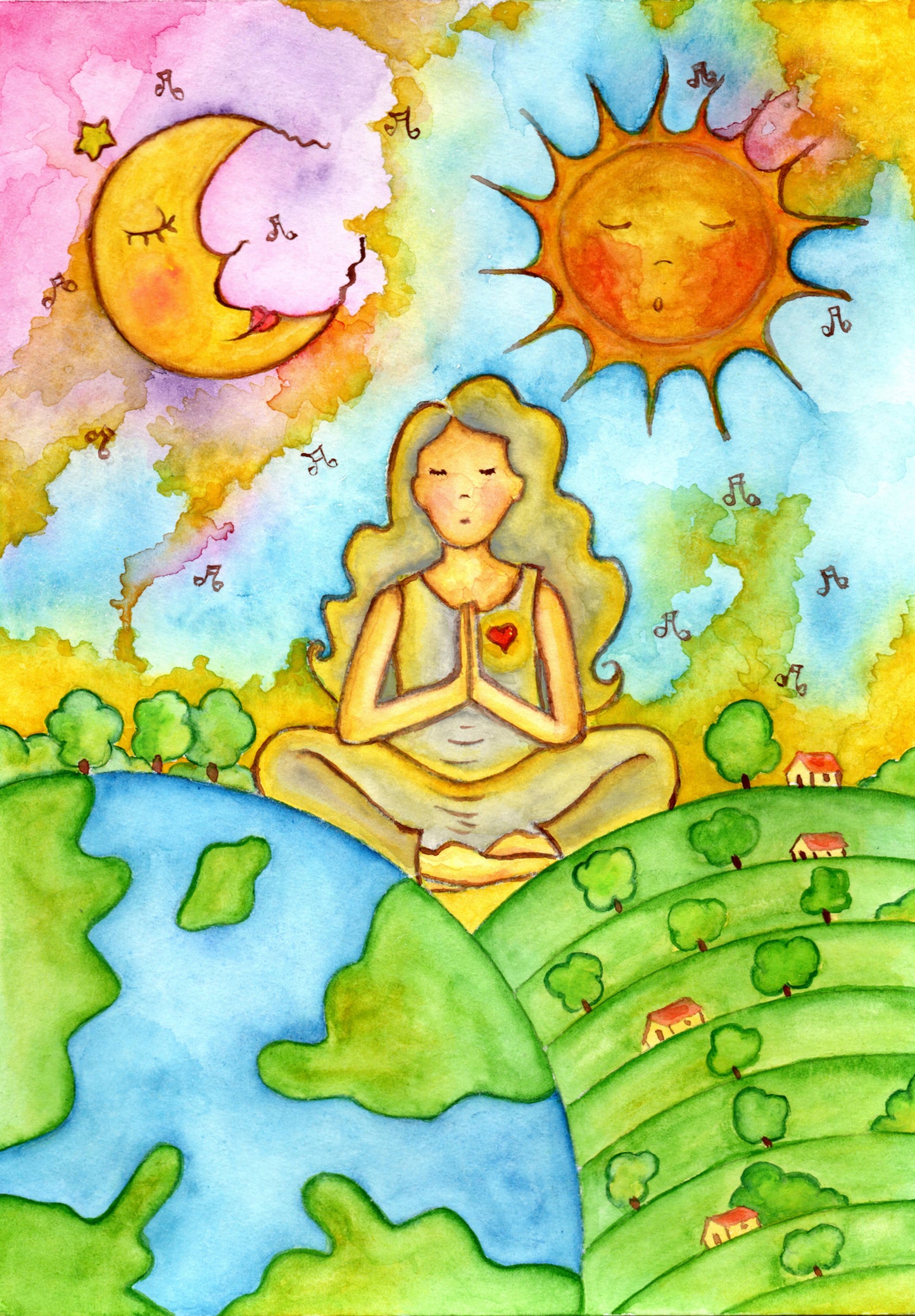 Poster of a woman meditating beneath the sun and moon in a cosmic design. This is a print of the original hand-painted watercolor by Brazilian artist Thaís Suizo for the LET'S MEDITATE SERIES of mediation guides.