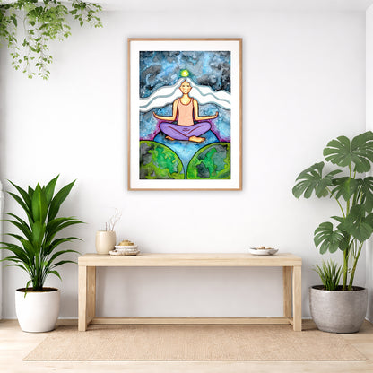 Poster of a woman meditating on three worlds with her crown chakra glowing.  The poster is in the center of the living room wall. Below the poster is an empty bench. Below the bench is a variety of green potted plants including a few cactus.

