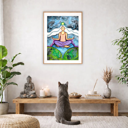 Poster of a woman meditating on three worlds with her crown chakra glowing.   The poster is in the center of the living room wall. A gray cat is facing the poster. In front of it is a coffee table with a Buddha statue and burning candle on the left and incense and an orange cat staring at the poster on the right. There is a green potted plant on both the left and right side of the coffee table.