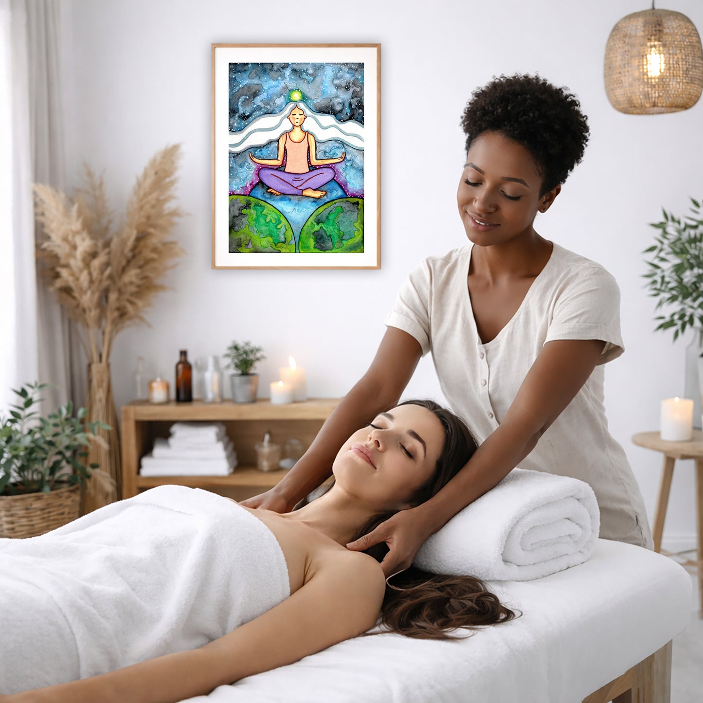 Poster of a woman meditating on three worlds with her crown chakra glowing.  The poster is on the wall of the office of a massage therapist. The therapist is giving her female client a massage. The client is lying face up on a massage table wearing a white towel. To the left is a window, floor plant and large vase of dry flora. A shelf is underneath the poster with candles burning. There is a candle burning on a small table and a hanging lamp with a wicker shade on the right side.