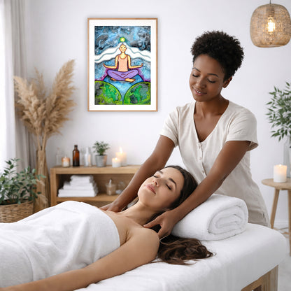 Poster of a woman meditating on three worlds with her crown chakra glowing.  The poster is on the wall of the office of a massage therapist. The therapist is giving her female client a massage. The client is lying face up on a massage table wearing a white towel. To the left is a window, floor plant and large vase of dry flora. A shelf is underneath the poster with candles burning. There is a candle burning on a small table and a hanging lamp with a wicker shade on the right side.