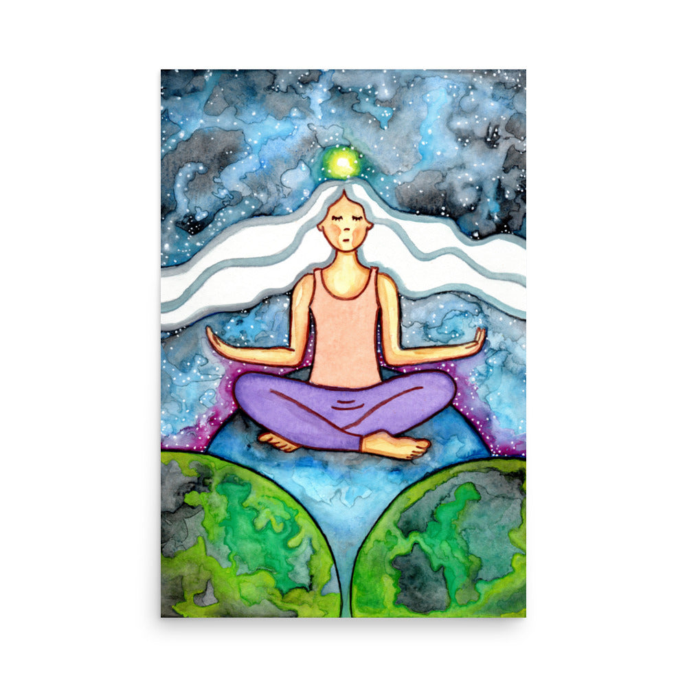 Poster of a woman meditating on three worlds with her crown chakra glowing.   This is a print of the original hand-painted watercolor by Brazilian artist Thaís Suizo for the LET'S MEDITATE SERIES of mediation guides.