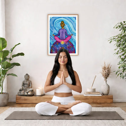 Poster of a woman meditating with her root chakra glowing.  The poster is in the center of the living room wall. There is a woman meditating facing away from the wall. Behind her is a coffee table with incense and a Buddha statue. There are potted plants on the right and left side of the background.
