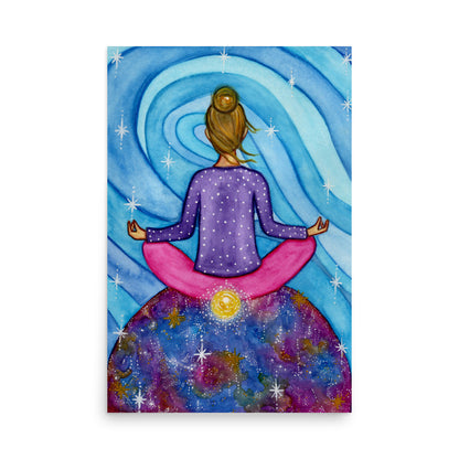 Poster of a woman meditating with her root chakra glowing.  This is a print of the original hand-painted watercolor by Brazilian artist Thaís Suizo for the LET'S MEDITATE SERIES of mediation guides.