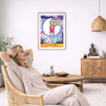 Poster of a woman's heart chakra glowing with love energy. The poster is in the center of the living room wall. To the left a woman is relaxing in her chair with her hands behind her head. There is a small coffee table beside her with a bowl of walnuts, incense and a small green plant. On the right side of the room is a cabinet with a Buddha statue, books and an urn on it. To the left is a green floor plant.