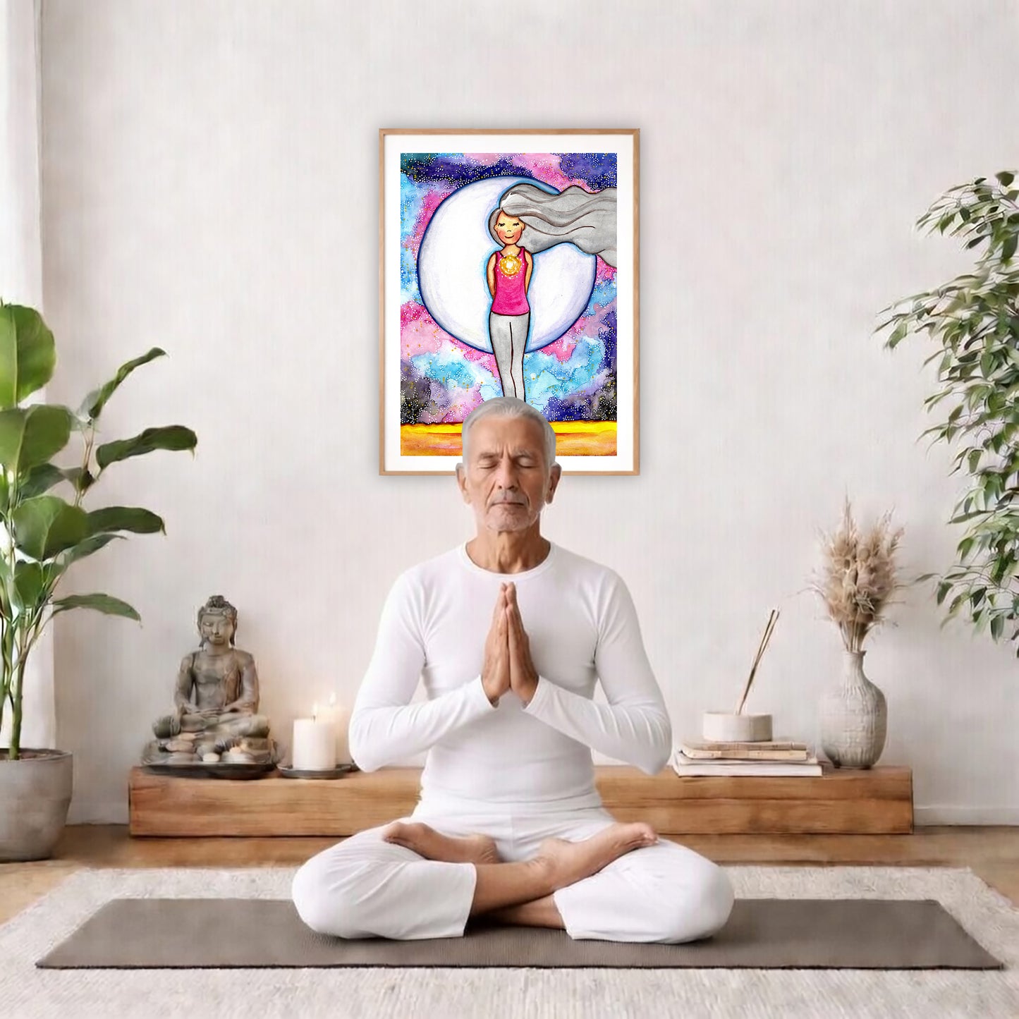Poster of a woman's heart chakra glowing with love energy. The poster is in the center of the living room wall. There is a man meditating facing away from the wall. Behind him is a coffee table with incense and a Buddha statue. There are potted plants on the right and left side of the background.
