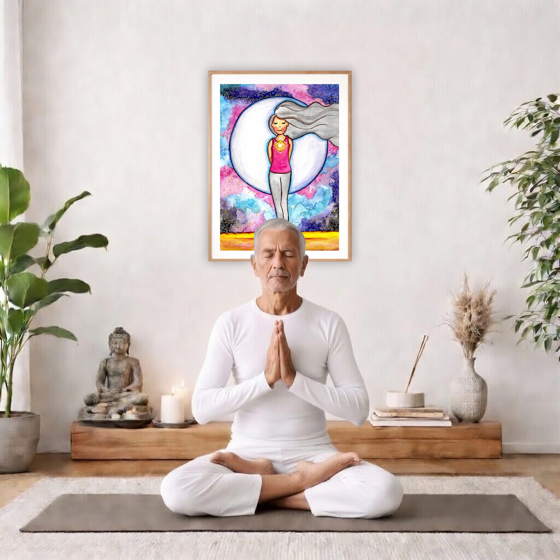 Poster of a woman's heart chakra glowing with love energy. The poster is in the center of the living room wall. There is a man meditating facing away from the wall. Behind him is a coffee table with incense and a Buddha statue. There are potted plants on the right and left side of the background.
