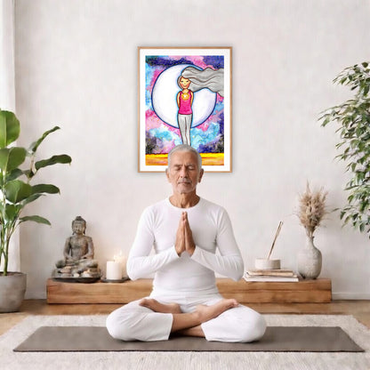 Poster of a woman's heart chakra glowing with love energy. The poster is in the center of the living room wall. There is a man meditating facing away from the wall. Behind him is a coffee table with incense and a Buddha statue. There are potted plants on the right and left side of the background.
