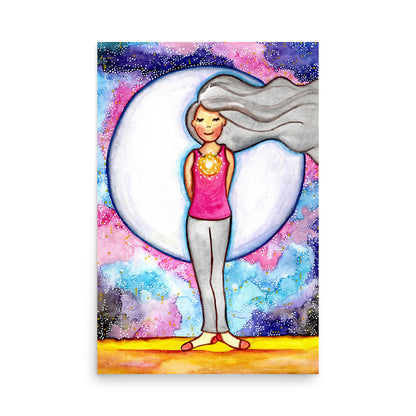 Poster of a woman's heart chakra glowing with love energy.  This is a print of the original hand-painted watercolor by Brazilian artist Thaís Suizo for the LET'S MEDITATE SERIES of mediation guides.
 