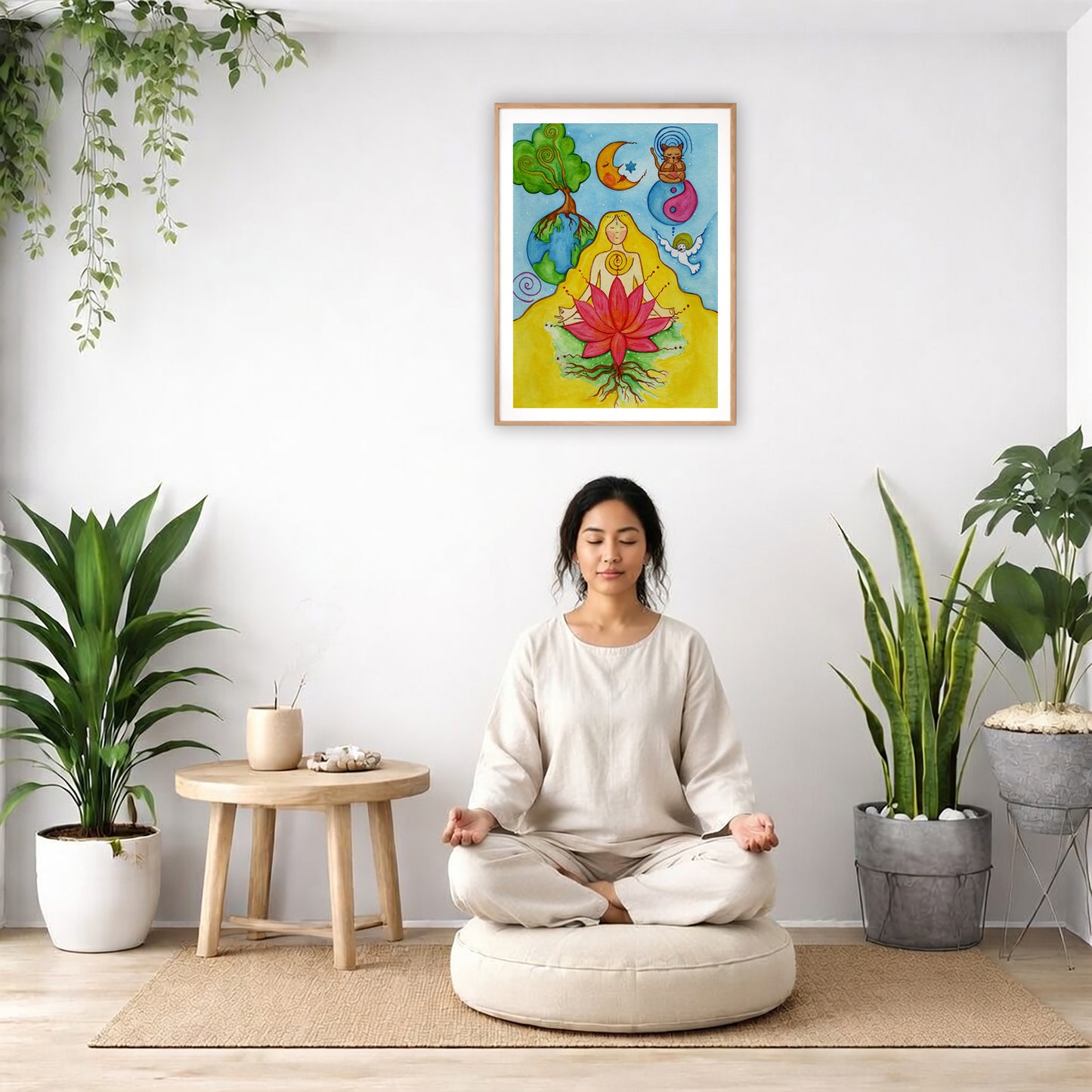 A woman with a glowing heart chakra is meditating on top of a red lotus flower.  There is a woman meditating on a pillow facing away from the wall. There is a small table beside her with incense and meditation stones. There are potted plants on the right and left side of the background.
