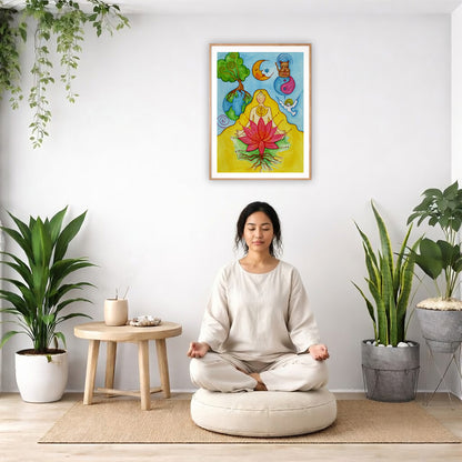 A woman with a glowing heart chakra is meditating on top of a red lotus flower.  There is a woman meditating on a pillow facing away from the wall. There is a small table beside her with incense and meditation stones. There are potted plants on the right and left side of the background.
