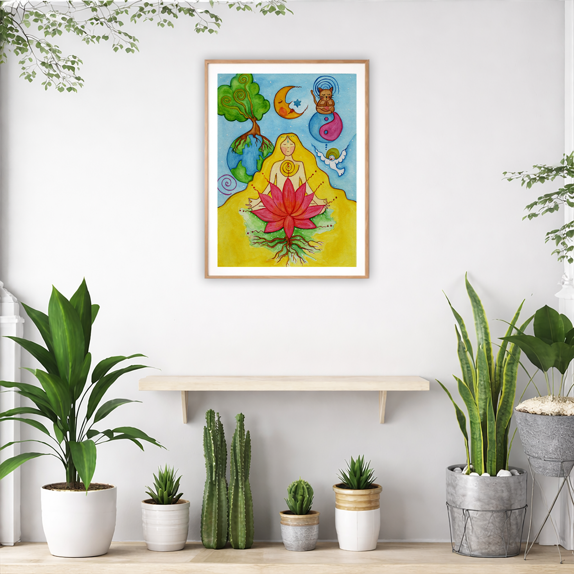 A woman with a glowing heart chakra is meditating on top of a red lotus flower.  The poster is in the center of the living room wall. Below the poster is an empty bench. Below the bench is a variety of green potted plants including a few cactus.
