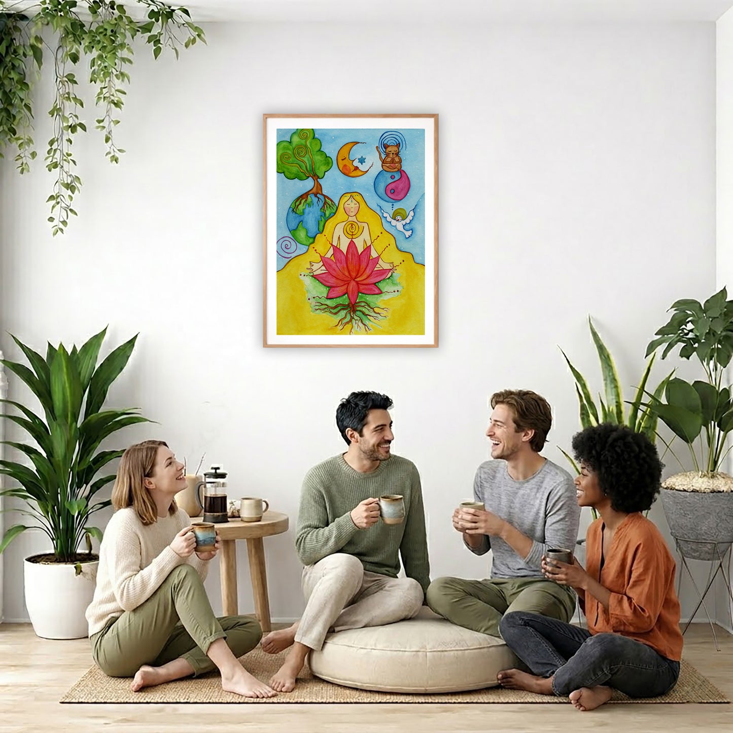 A woman with a glowing heart chakra is meditating on top of a red lotus flower.  The poster is in the center of the living room wall. Four friends are sitting on the living room carpet below the poster. They are drinking coffee. To the left is a green floor plant and a hanging green plant. To the right of them is a green floor plant.
