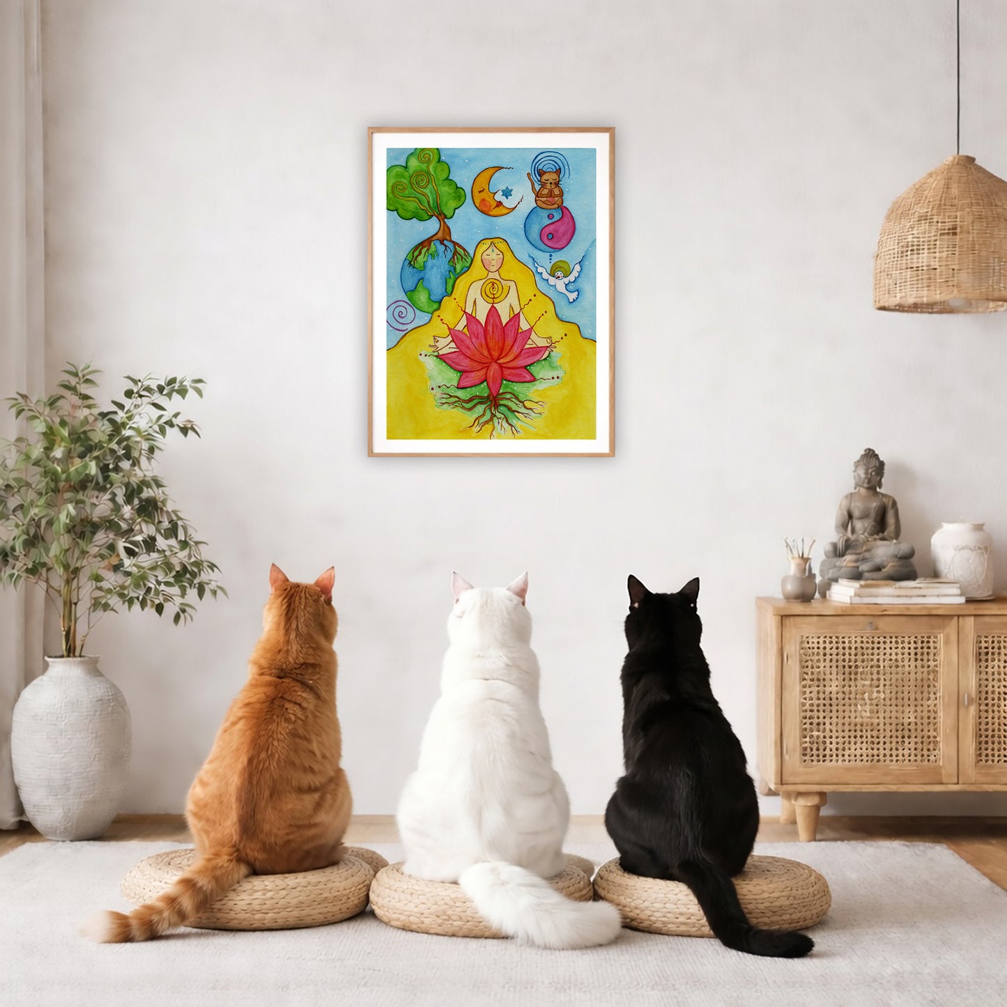 A woman with a glowing heart chakra is meditating on top of a red lotus flower.  The poster framed is hanging on the wall. Three cats are staring up at the poster, orange, white and black. There is a potted plant on the left side and a cabinet with a Buddha statue, books and incense on the right side.
