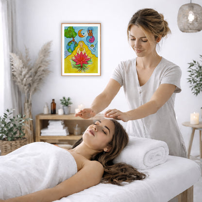 A woman with a glowing heart chakra is meditating on top of a red lotus flower.  The poster is on the wall of the office of a reiki master. The master is giving her client a massage. The client is lying face up on a massage table wearing a white towel. To the left is a window, floor plant and vase of dry flora. There is a shelf underneath the poster with candles burning. On the right side there is a candle burning and a lamp hanging from the ceiling.
