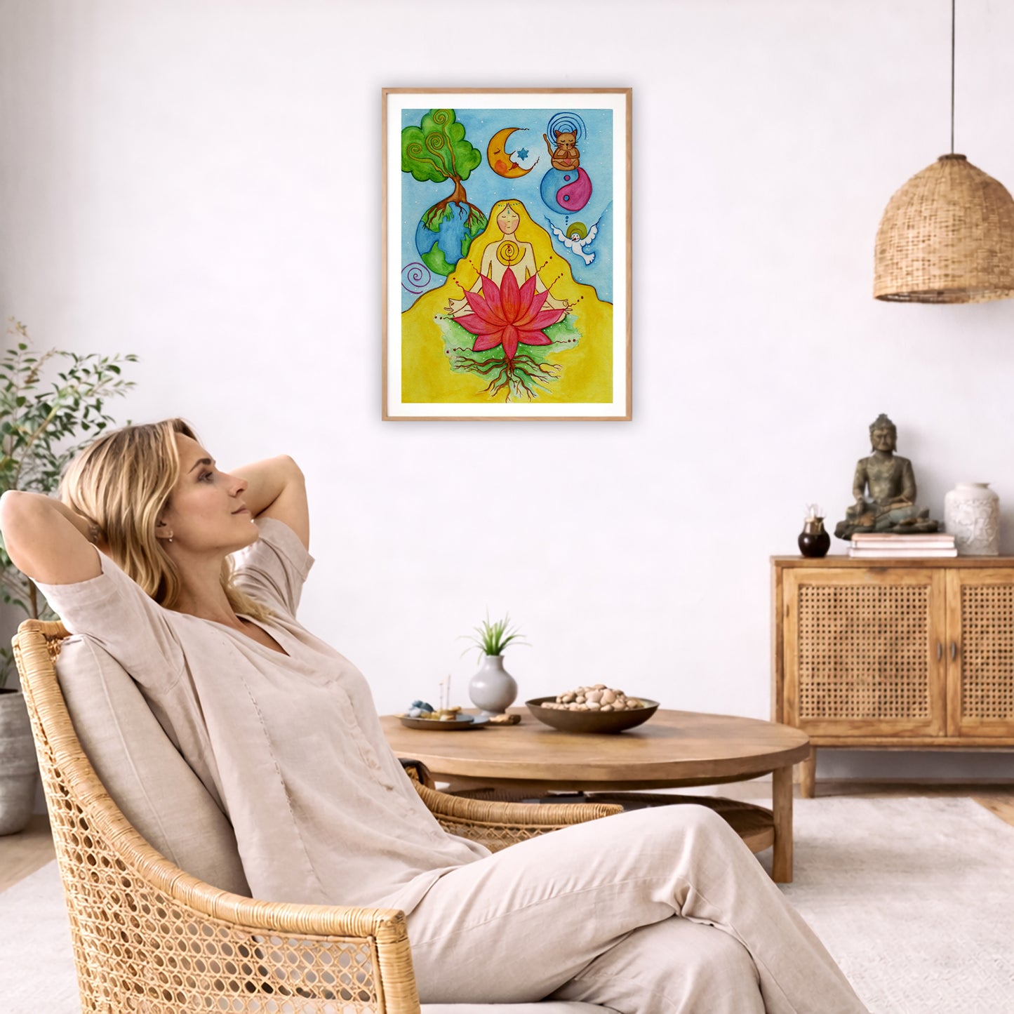 A woman with a glowing heart chakra is meditating on top of a red lotus flower.  The poster is in the center of the living room wall. To the left a woman is relaxing in her chair with her hands behind her head. There is a small coffee table beside her with a bowl of walnuts, incense and a small green plant. On the right side of the room is a cabinet with a Buddha statue, books and an urn on it. To the left is a green floor plant.
