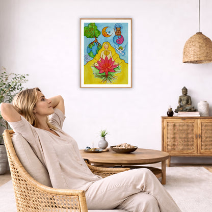 A woman with a glowing heart chakra is meditating on top of a red lotus flower.  The poster is in the center of the living room wall. To the left a woman is relaxing in her chair with her hands behind her head. There is a small coffee table beside her with a bowl of walnuts, incense and a small green plant. On the right side of the room is a cabinet with a Buddha statue, books and an urn on it. To the left is a green floor plant.
