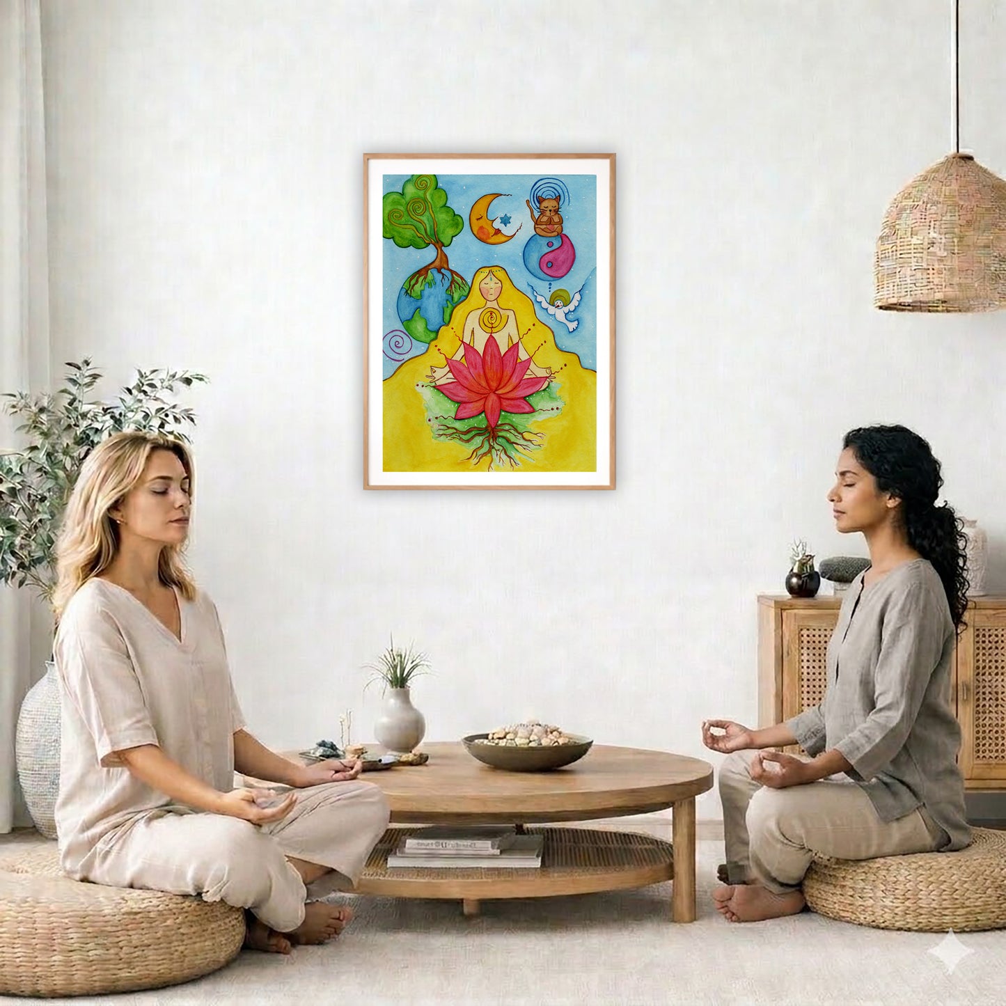 A woman with a glowing heart chakra is meditating on top of a red lotus flower.  The poster is in the center of the living room wall. Two women are sitting on wicker pillows meditating. Behind them is a small round coffee table with incense, a green potted plant and a bowl of shells. There is a potted plant to the left and a Buddha statue and a vase to the right. 