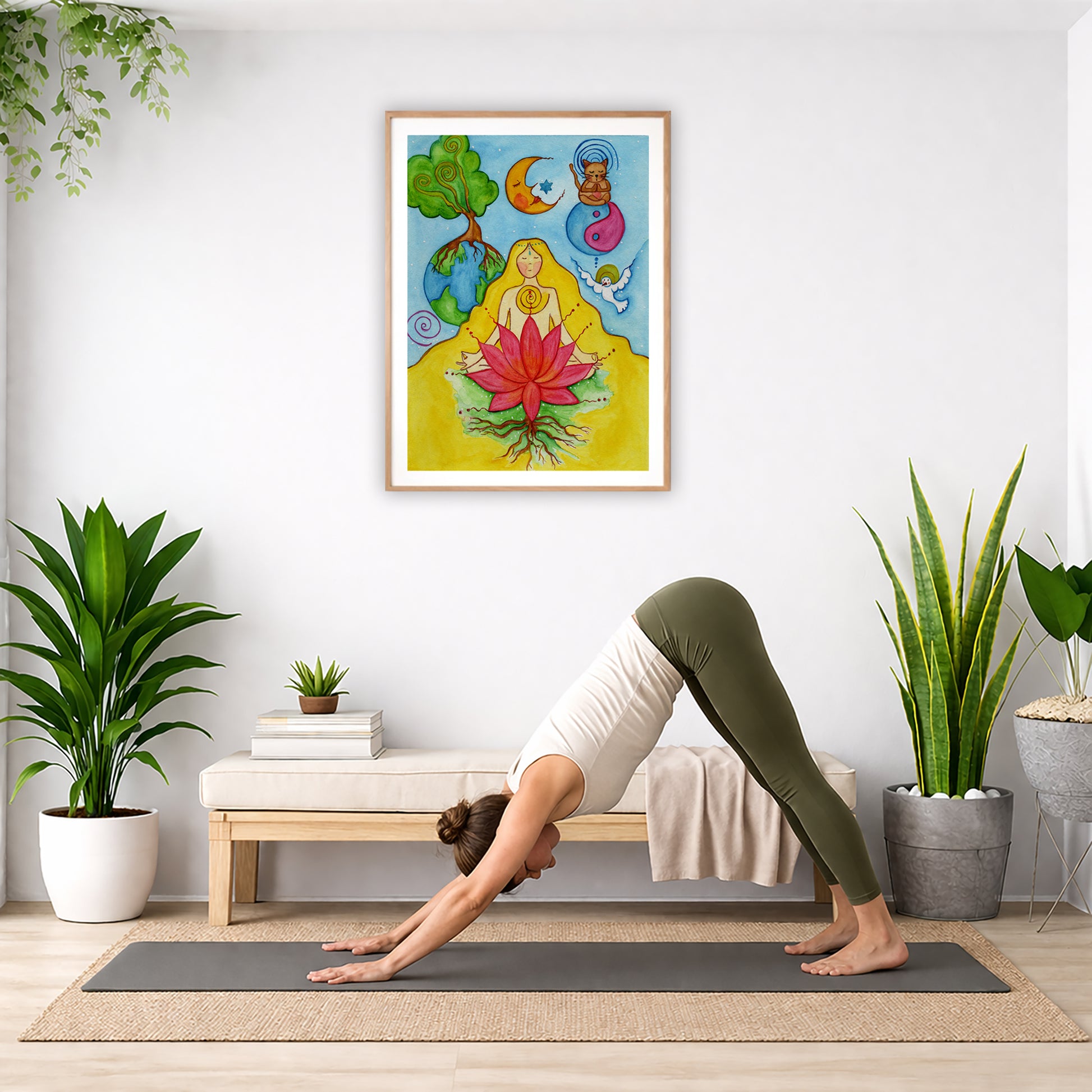 A woman with a glowing heart chakra is meditating on top of a red lotus flower.  The poster is in the center of the living room wall. Below the poster a woman is doing the yoga posture downward facing dog on a yoga mat.