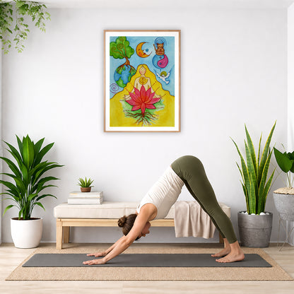 A woman with a glowing heart chakra is meditating on top of a red lotus flower.  The poster is in the center of the living room wall. Below the poster a woman is doing the yoga posture downward facing dog on a yoga mat.