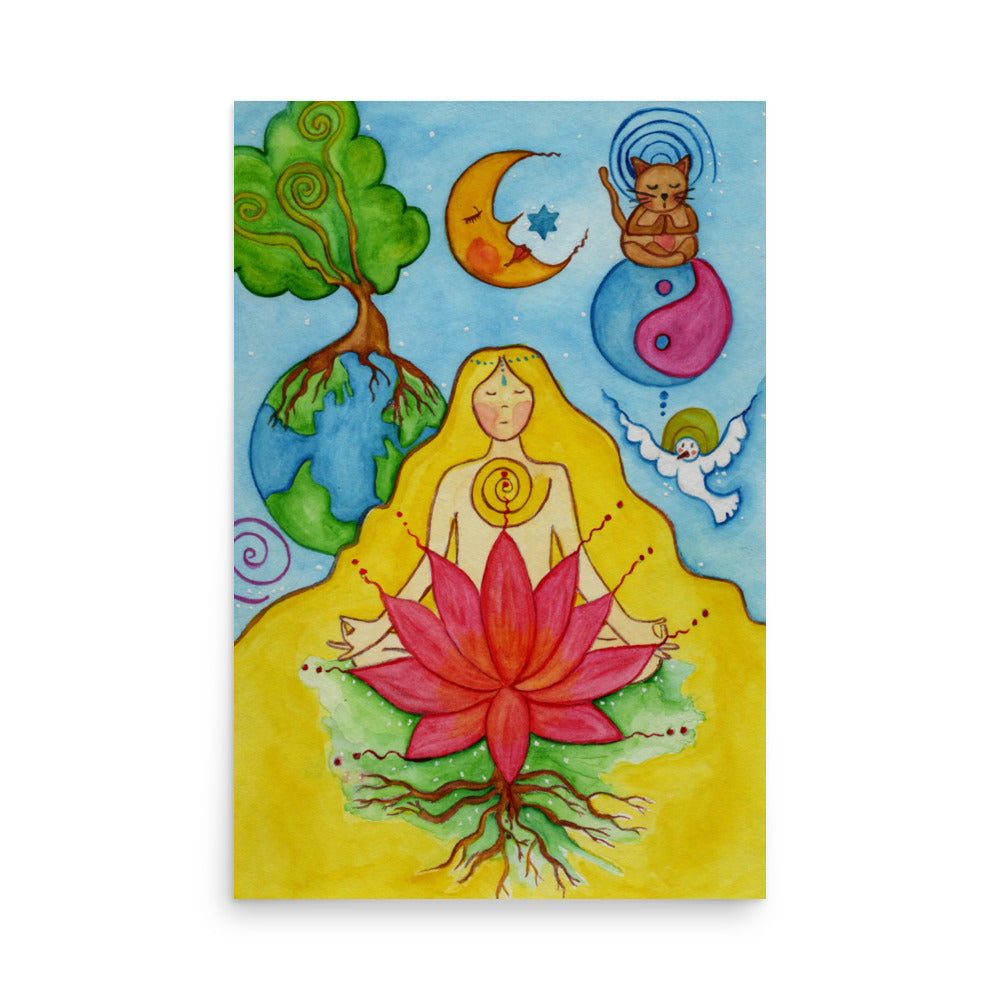 A woman with a glowing heart chakra is meditating on top of a red lotus flower.  This is a print of the original hand-painted watercolor by Brazilian artist Thaís Suizo for the LET'S MEDITATE SERIES of mediation guides.