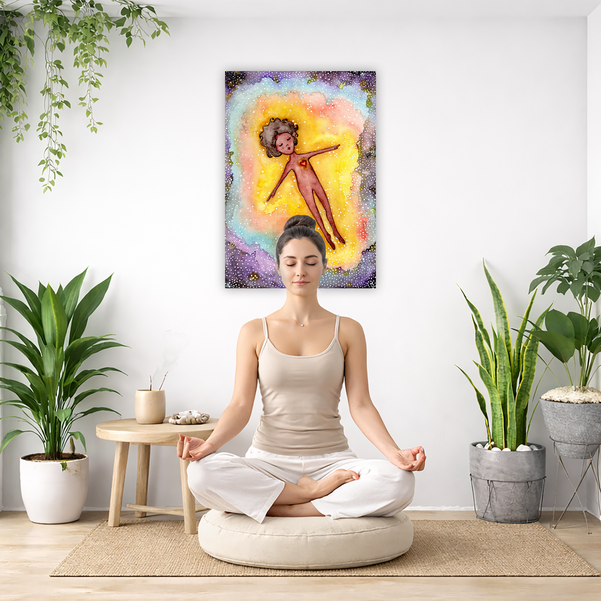 Astral body travelling in another dimension canvas poster.  The poster is framed and is in the center of the living room wall. There is a woman meditating facing away from the wall. Behind her is a coffee table with incense and a Buddha statue. There are potted plants on the right and left side of the background.
