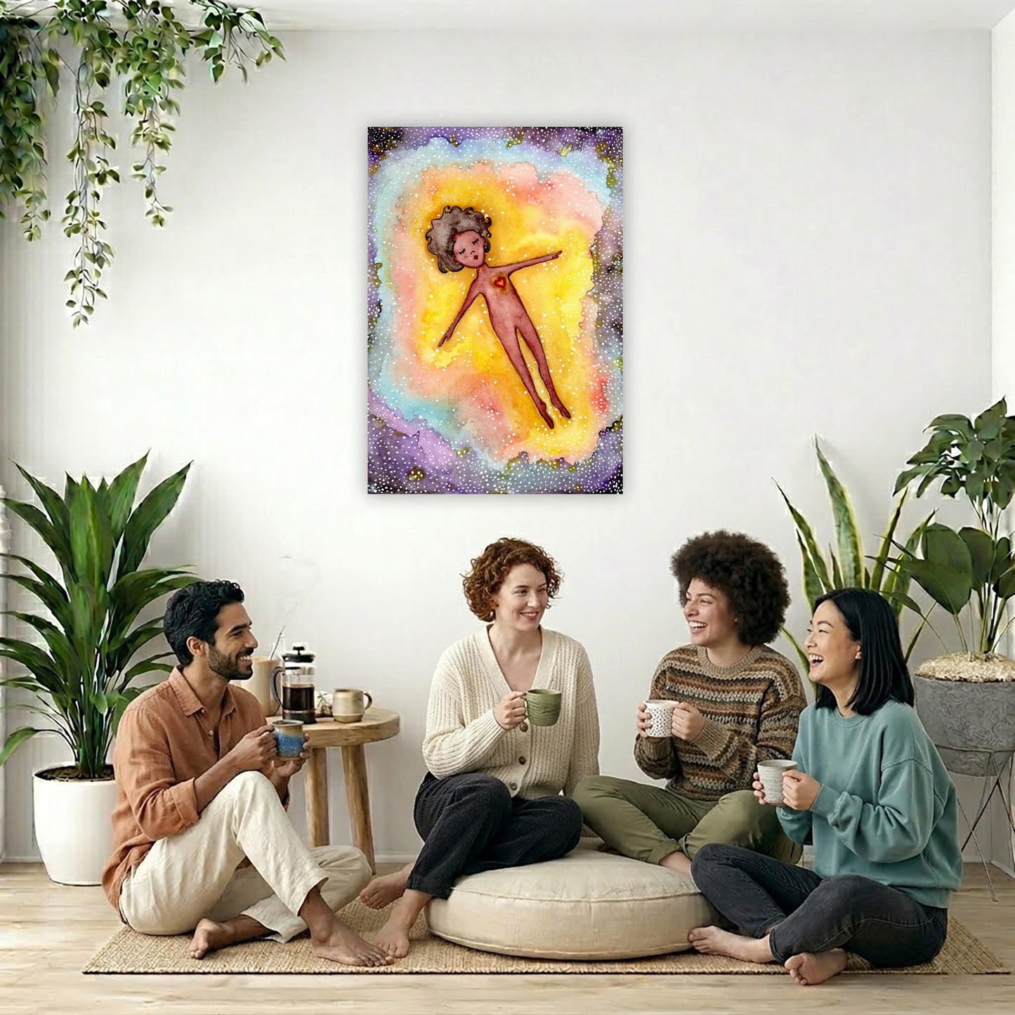 Astral body travelling in another dimension canvas poster.  The poster is framed and is in the center of the living room wall. Four friends are sitting on the living room carpet below the poster. They are drinking coffee. To the left is a green floor plant and a hanging green plant. To the right of them is a green floor plant.

