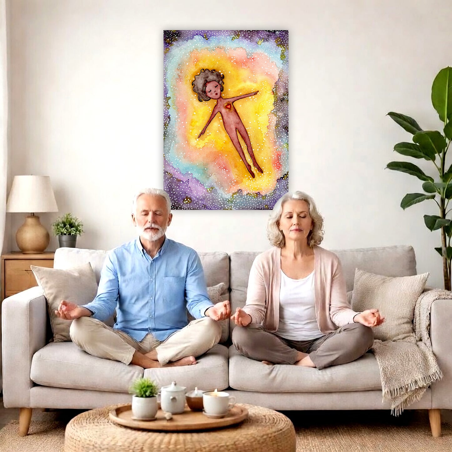 Astral body travelling in another dimension canvas poster. A couple is meditating on their couch. The poster is framed on a wall behind them. There is a coffee table in front with candles burning and a potted plant. There is a potted plant to the right and shelves on the left.
