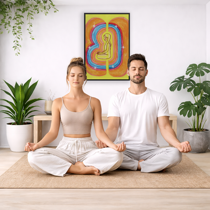 Rainbow aura energy field portrait on mindfulness framed poster.  The poster is framed and is in the center of the living room wall. A couple are sitting on the living room carpet meditating. To the left is a green floor plant and a hanging green plant. To the right of them is a green floor plant.
