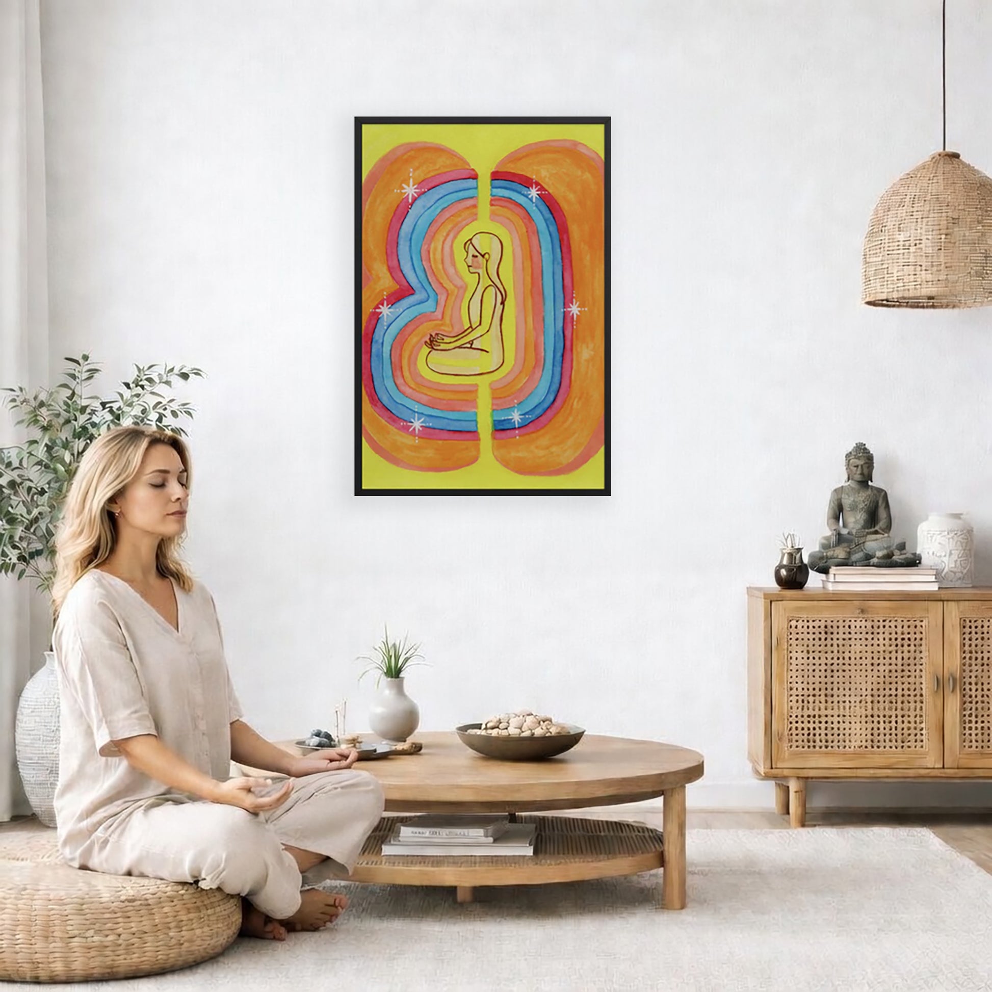 Rainbow aura energy field portrait on mindfulness framed poster.  The poster is framed and is in the center of the living room wall. A woman is on a chair on the left side of his living room meditating. There is a green potted plant behind her. On the right side is a cabinet with a Buddha statue on it.
