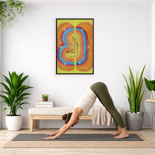 Rainbow aura energy field portrait on mindfulness framed poster.  The poster is framed and is in the center of the living room wall. Below the poster a woman is doing the yoga posture downward facing dog on a wicker yoga mat.