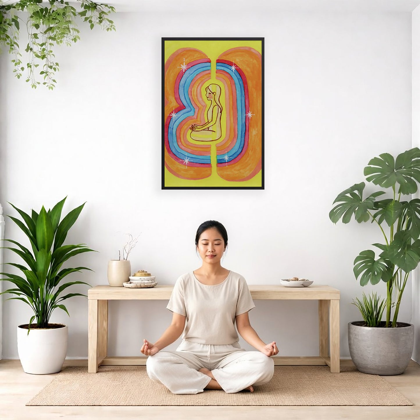 Rainbow aura energy field portrait on mindfulness framed poster.  The poster is framed and is in the center of the living room wall. There is a woman meditating facing away from the wall. Behind her is a coffee table with incense and a Buddha statue. There are potted plants on the right and left side of the background.
