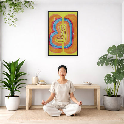 Rainbow aura energy field portrait on mindfulness framed poster.  The poster is framed and is in the center of the living room wall. There is a woman meditating facing away from the wall. Behind her is a coffee table with incense and a Buddha statue. There are potted plants on the right and left side of the background.
