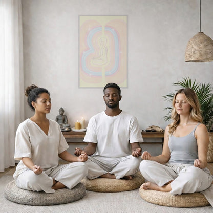 Rainbow aura energy field portrait on mindfulness framed poster.  Three friends are sitting on wicker pillows meditating in a living room. The poster framed is on the wall behind them. The table behind them has a Buddha statue and a lit candle. There is a white curtain to the left and a hanging lamp and a potted green plant on the right.