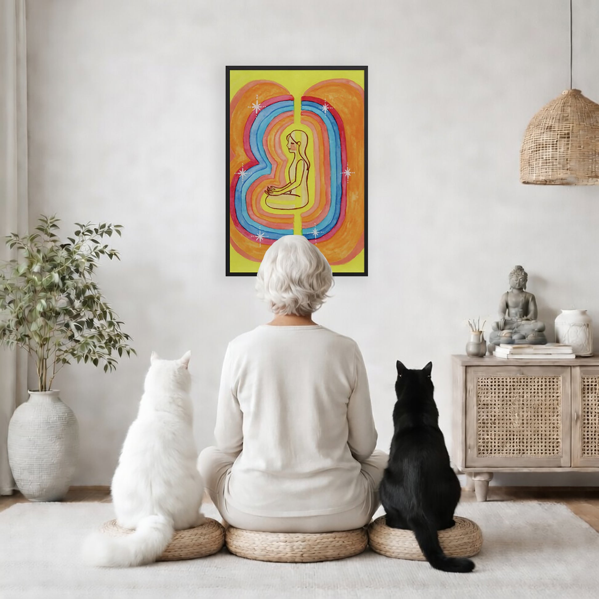 Rainbow aura energy field portrait on mindfulness framed poster.  The poster is framed and is in the center of the living room wall. A woman is meditating facing the poster with a white cat on her left side and a black cat on her right side. There is a potted plant on the left side and a cabinet with a Buddha statue on it on the right side. 