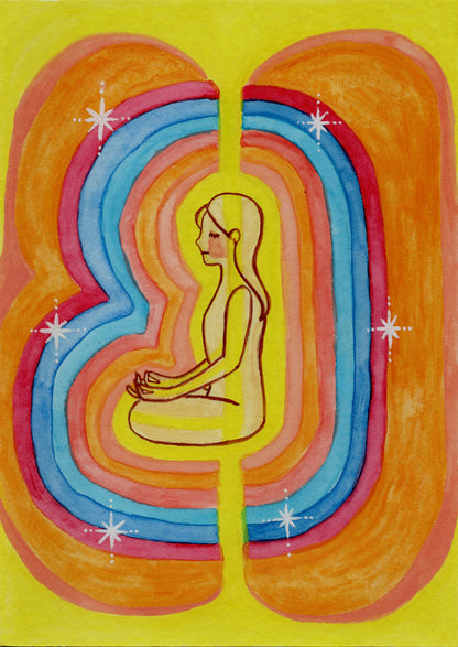 Rainbow aura energy field portrait on mindfulness framed poster.  This is a print of the original hand-painted watercolor by Brazilian artist Thaís Suizo for the LET'S MEDITATE SERIES of mediation guides. 