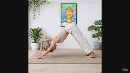 Framed poster of a man with a glowing brow chakra. The poster is in the center of the living room wall. A woman is doing a sun salutation on her yoga mat. There is a coffee table below the poster with burning candles, incense, a Buddha statue and a big piece of driftwood.
