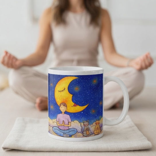 Man and his cats are meditating atop a cloud under the moon in a mindfulness poster.  The mug is sitting on a white cloth. A woman is meditating in the background. In the video the coffee is steaming from the mug.