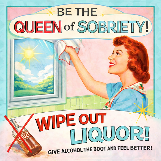 Vintage-style sobriety coffee mug design featuring cheerful retro artwork, empowering sober living slogans, and colorful 1950s-inspired recovery messaging promoting clean and healthy living.