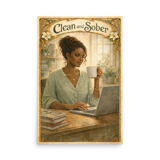 Vintage-inspired “Clean and Sober” poster featuring a woman working on a laptop while holding a coffee mug, surrounded by elegant floral Art Nouveau-style borders in warm neutral tones.