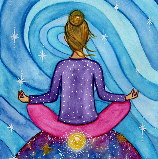 Meditating figure with glowing root chakra at base of spine, symbolizing grounding, stability and security, chakra energy artwork on a coffee mug.  This is a print of the original illustration by Brazilian artist Thaís Suizo.