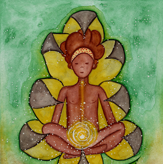 Meditating figure with glowing sacral chakra below the navel, representing creativity, passion and emotional flow, spiritual chakra artwork on a coffee mug.  This is a print of the original illustration by Brazilian artist Thaís Suizo.