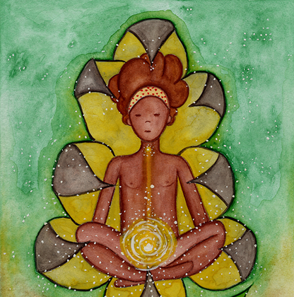Meditating figure with glowing sacral chakra below the navel, representing creativity, passion and emotional flow, spiritual chakra artwork on a coffee mug.  This is a print of the original illustration by Brazilian artist Thaís Suizo.