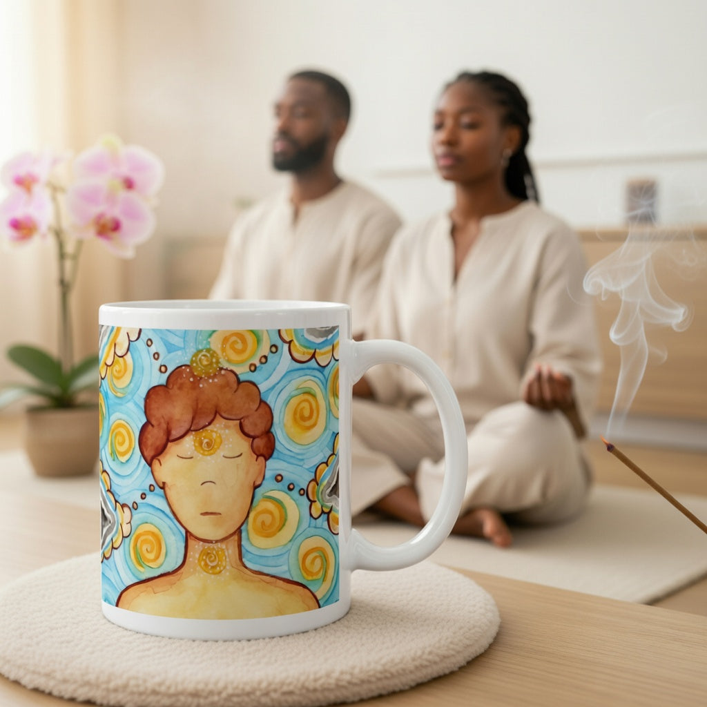 Man meditating with glowing throat, brow and crown chakras, symbolizing communication, intuition and spiritual connection, chakra artwork on a coffee mug. A large mug is at the bottom front displaying the design. There is a couple meditating in the background along with burning incense and flowers.